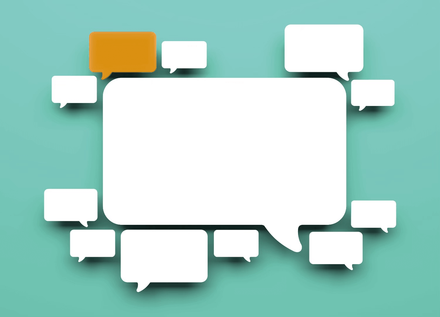 Boardroom table with speech bubbles around it and one of those bubbles is a different color